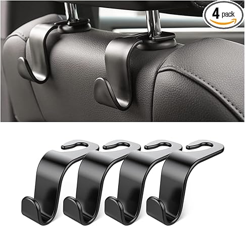 Car Back Seat Headrest Hooks, 4 Pack Black Stylish Back Seat Hanger for Car Handbag Clothes Coats Grocery Bags, Car Interior Accessories (Black2)
