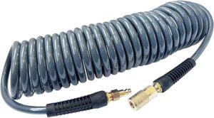 SANFU (PU) Polyurethane Recoil Air Hose 3/8”ID(8.2x 12mm) x 25ft, Flexible, Professional 145PSI With Reassembled Brass Quick Coupler and Plug, Grey(25')