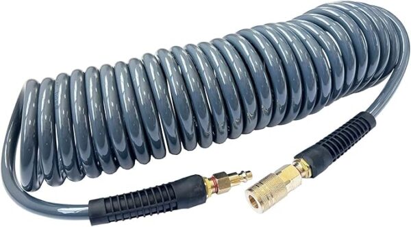 SANFU (PU) Polyurethane Recoil Air Hose 3/8”ID(8.2x 12mm) x 25ft, Flexible, Professional 145PSI With Reassembled Brass Quick Coupler and Plug, Grey(25')