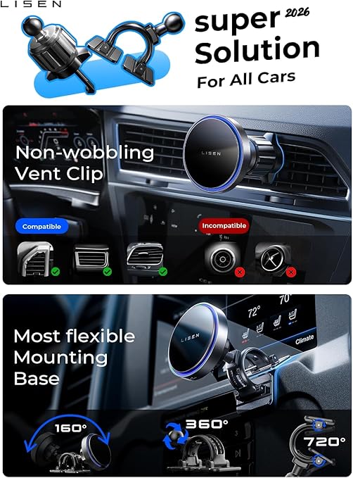 717PCeSQbdL._AC_SY679_ LISEN 15W MagSafe Car Mount Charger,Travel MagSafe Charger,Wireless Car Charger,Magnetic Phone Holder for Car,Phone Holders for Your Car Accessories for Women Men Jeep Ford for iPhone 17-12,Samsung