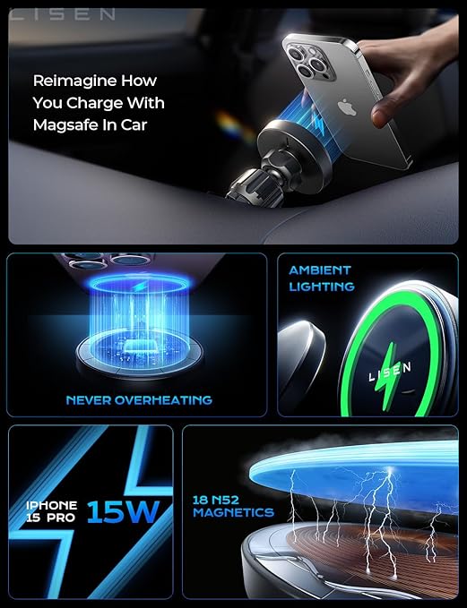 71bj0sPUXZL._AC_SY679_ LISEN 15W MagSafe Car Mount Charger,Travel MagSafe Charger,Wireless Car Charger,Magnetic Phone Holder for Car,Phone Holders for Your Car Accessories for Women Men Jeep Ford for iPhone 17-12,Samsung