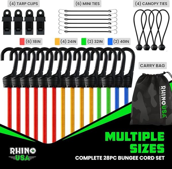 Rhino USA Bungee Cords with Hooks (28-Piece) Heavy Duty Outdoor Bungee Straps with Small, Short and Long Sizes - 4 Free Tarp Clips, Drawstring Bag, Canopy Ties & Ball Bungie - UV & Weather Resistant