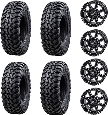 Four 30x10-14 TERRABITE Heavy Duty 8-Ply Radial UTV Tires mounted on CASCADE Wheels - For POLARIS applications 4/156 bolt pattern Includes Lug Nuts (4+3 Offset, Machined/Black)