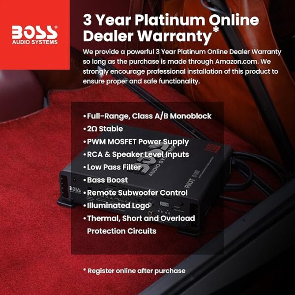 BOSS Audio Systems R1100M Monoblock Car Amplifier - 1100 High Output, 2-8 Ohm Stable, Low/High Level Inputs, Low Pass Crossover, MOSFET Power Supply