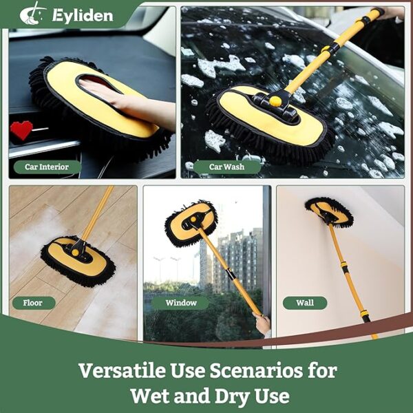 Eyliden Car Wash Brush Mop, Long Handle, 2 Scratch-Free Microfiber Heads, Car Detailing Care Kit for Car RV Truck (Yellow & Black)
