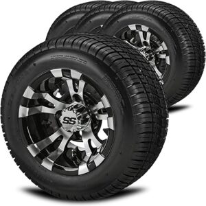 RM Cart 10" Warlock Black/Machined on 205/50-10 Deli Low Profile Tires (Set of 4) | Golf Cart Tires and Wheels Combo with Metric Lug Nuts