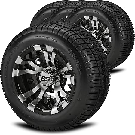 RM Cart 10" Warlock Black/Machined on 205/50-10 Deli Low Profile Tires (Set of 4) | Golf Cart Tires and Wheels Combo with Metric Lug Nuts