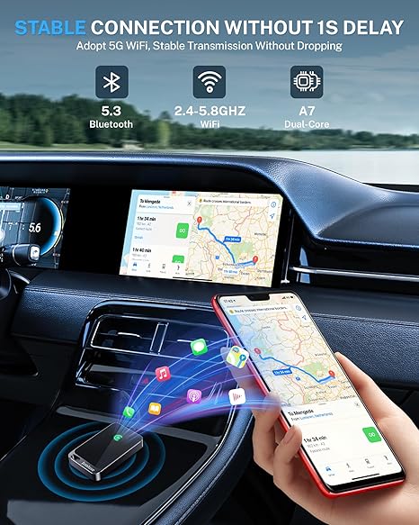 Jemluse Wireless CarPlay Adapter for Apple iPhone - Multi-User Seamless Connection for Convert Wired to Wireless Car Play Adapter - No Latency from iOS 10+ to Screen w/USB C (Gray)