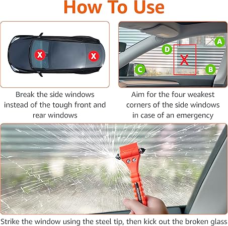 Amazon Basics Emergency Escape Tool, Window Breaker and Seatbelt Cutter, Car Safety Hammer with Protective Bracket, Bright Orange, 2 Pack, SW-835