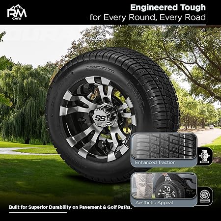 RM Cart 10" Warlock Black/Machined on 205/50-10 Deli Low Profile Tires (Set of 4) | Golf Cart Tires and Wheels Combo with Metric Lug Nuts